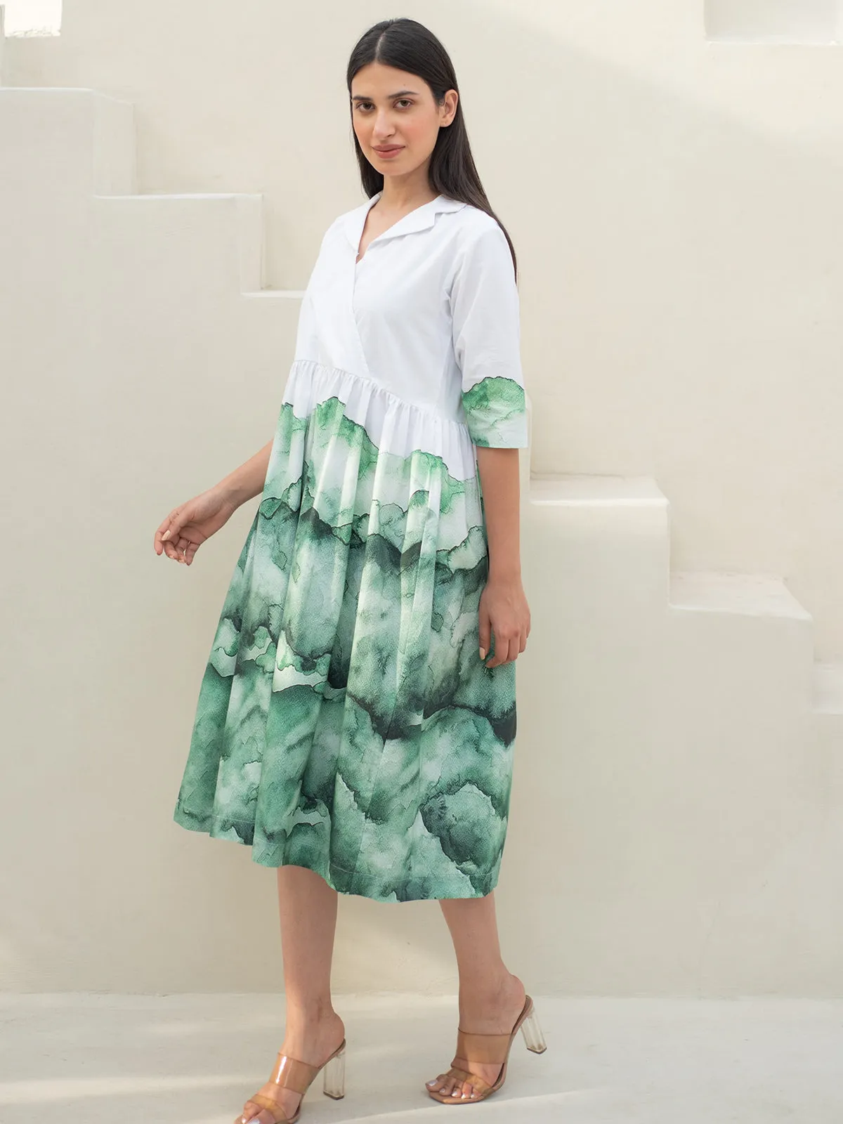 White and Green Cuban Collar Dress