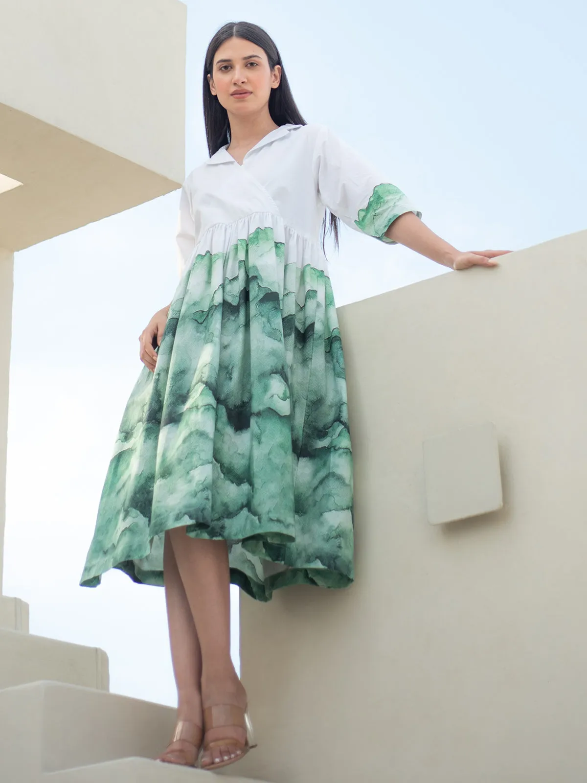 White and Green Cuban Collar Dress