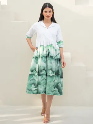 White and Green Cuban Collar Dress